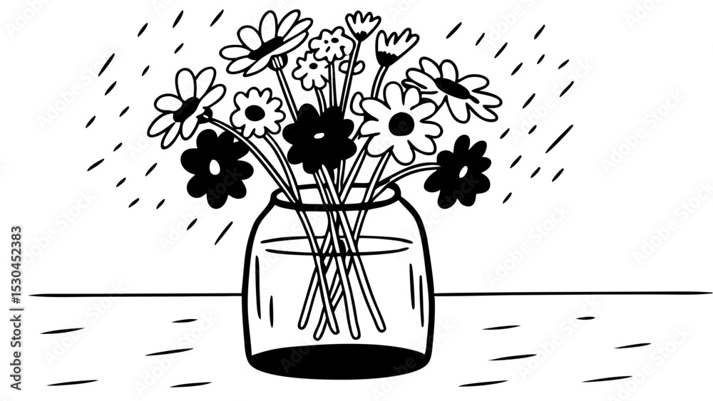 Poster a still life of flowers in a vase with a background of lines creating a simple monochrome drawing cr