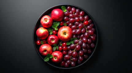 A vibrant assortment of red apples, cherries, and grapes arranged artfully on a dark plate, creating a striking contrast against the deep black background
