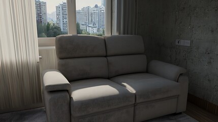 Couch is in a room with a window and a city view