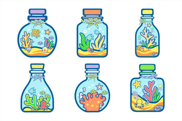Cute Sea Life in Bottles Icons ,Cartoon Ocean Animals and Coral in Jars, Cartoon Sea Creatures in Decorative Bottles ,Underwater Icon Pack. Aquatic Life in Jars ,Adorable Ocean Themed Illustration