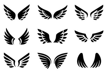 Collection of black wing silhouettes isolated on white background
