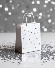 White shopping bag with silver confetti on white background.