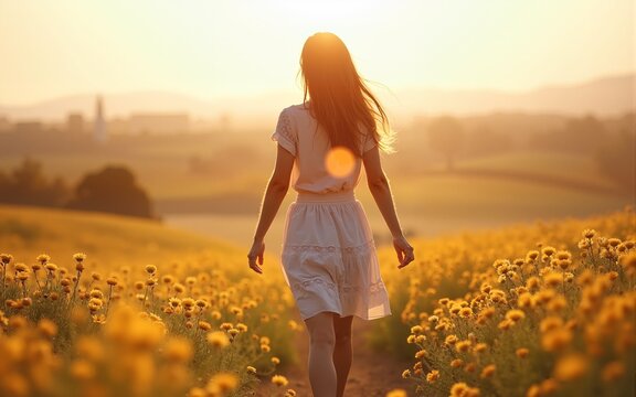 Beautiful girl walking on a field with flowers showing happiness and joy seeking freedom. World Mother Earth Day. People concept, wanderlust traveling and tourism lifestyle. High quality