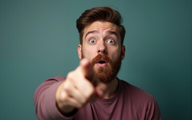 Portrait of amazed young man with beard pointing away at copyspace. High quality
