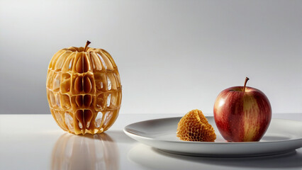 Honeycombcarved apple beside a plate with honeycomb and a red apple, isolated on white background