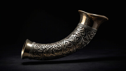 An ornate drinking horn, crafted from silver and gold, adorned with intricate swirling patterns