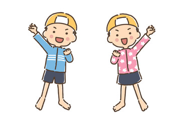 エイエイオーをしている水着の男の子と女の子