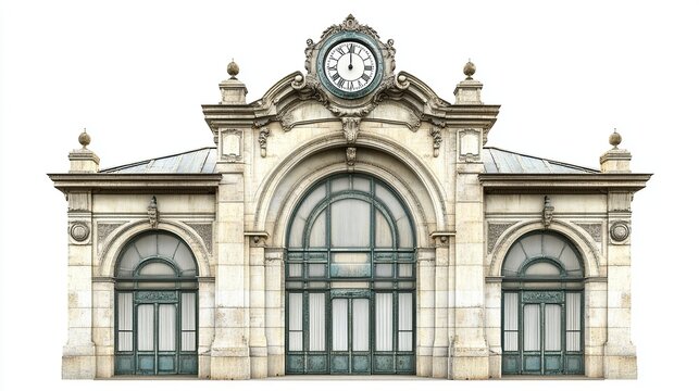 A grand, ornate building with a clock tower and three large arched doorways. The building is made of stone and has a weathered, vintage appearance