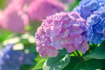 ピンクと青が美しく調和したあじさいの花