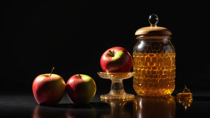 Glistening honey jar and ripe apples, one resting on a glass pedestal, against a dark, reflective surface