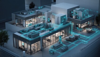 Smart building automation system managing temperature, lighting, and security for energy efficiency.