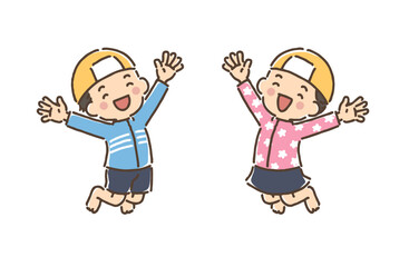 笑顔でジャンプしている水着の男の子と女の子