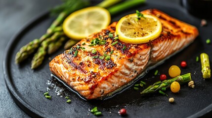 Grilled salmon fillet with lemon wedges and asparagus spears served on a black plate