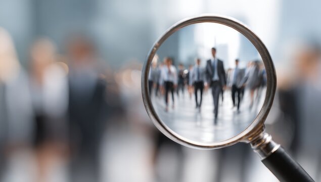 Magnifying glass focused on business people, blurred background