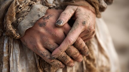 A person's dirty hands clasped together with a dress in the background covered in sand and dirt specks
