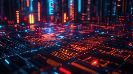 Obraz premium A decentralized financial hub with digital transactions displayed in neon lights 