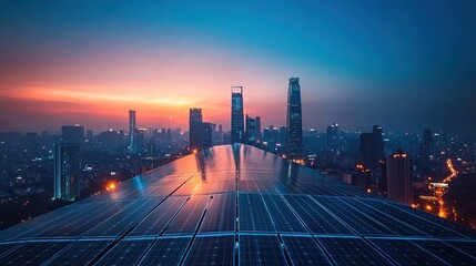 Futuristic Solar Panel Installation in Urban Cityscape at Vibrant Sunset