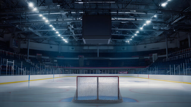 Empty hockey rink with pristine ice, a quiet stage awaiting the game's energy