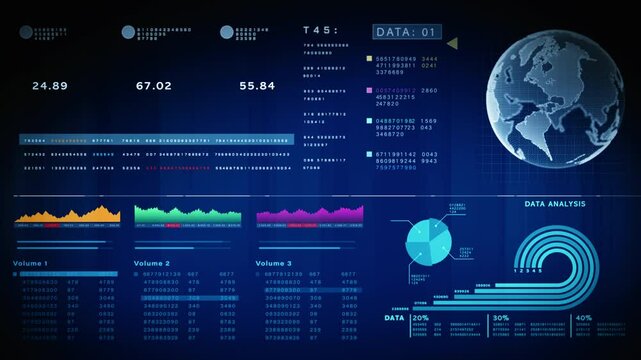 High-tech investment interface with global map, pie charts, and visual data analytics for financial performance, forecasting, and economic evaluation. Financial investment concept background