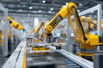 Robotic assembly lines in a smart factory autonomously producing products using AI systems.