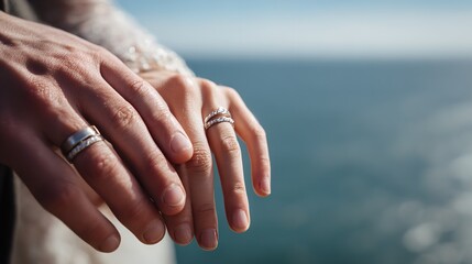 Close up of newlywed couple showing off their wedding rings with ocean in the background view