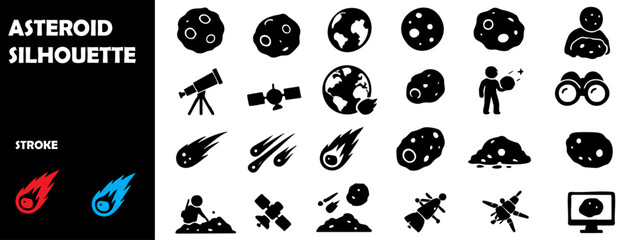 Outer Space Asteroid Silhouette Vector Set - Meteorites, Space Rocks, Cosmic Debris, and Orbit Paths © Vishwajeet