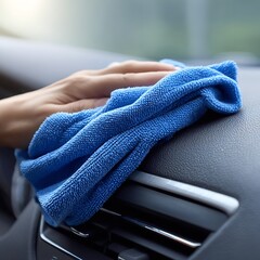 Car detailing interior cleaning dashboard with microfiber cloth auto care maintenance and detailing service