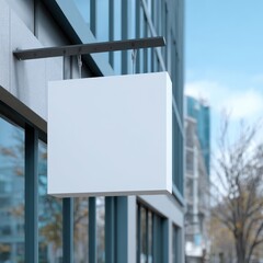 Blank square sign hangs from modern building facade
