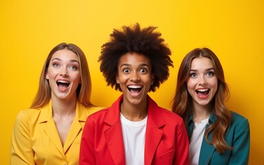 Portrait of three nice attractive charming lovely cute careful cheerful cheery stunned person in order of hierarchy unexpected great news isolated over bright vivid shine yellow background