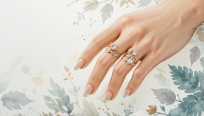 Fototapeta premium elegant rings on hand, delicate accessories, floral background, refined beauty 