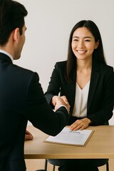 job interview by human resource HR officer interviwing, talk new employee shaking hands in office with smiling face. HR Manager interview check resume, face to face. Job Interview Concept