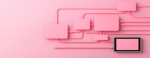 Modern Digital Composition with Pink Background and Geometric Shapes
