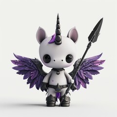 Cute chibi-style dark unicorn warrior is depicted, wearing armor and wings and holding a spear on white background