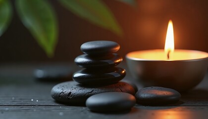 Zen stones and candle in serene setting, perfect for relaxation themes