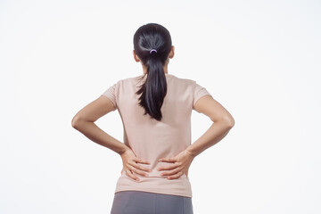 A confident young Asian woman in a light brown shirt stands against a white background, suffering...