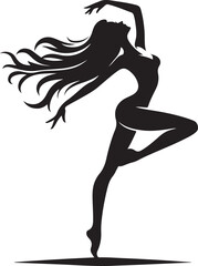 A black and white silhouette of a graceful woman dancer, her hair flowing freely as she leaps elegantly