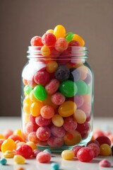 A colorful assortment of assorted candies, gummies, and chocolates in a glass jar, ready to be enjoyed  Perfect for confectionery, sweets, and dessert themes ,  lollipop,  gummy,  sugar rush