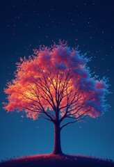 A vibrant tree illustration with glowing leaves against a deep blue background