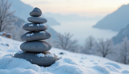 Zen rock balance in snowy landscape at dawn, symbolizing tranquility and balance