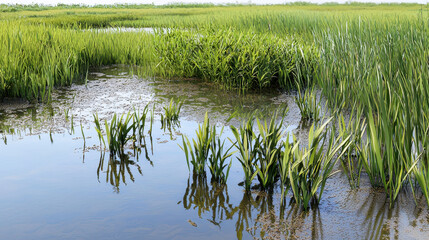 Serene fen landscape featuring lush sedges and calm water, creating tranquil natural environment