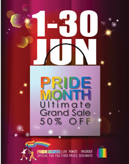 Pride Month sale! Celebrate love and diversity with our Ultimate Grand Sale banner Template and colorful LGBT rainbow design. The copy space banner background for vector and illustration.
