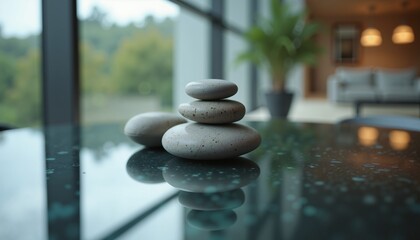 Zen stones stack in modern serene living room, peaceful home decor inspiration