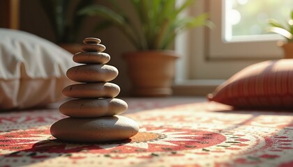 Stacked zen stones on patterned carpet in sunny room, symbolizing relaxation and balance