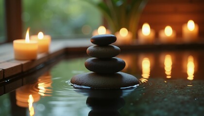 Balanced zen stones with candles on water, tranquil spa background
