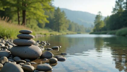 Peaceful river with balanced stones in nature, tranquil meditation scene