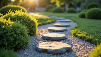 Serene garden with stone path illuminated by warm sunset, ideal for relaxation themes