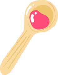 Wooden spoon with a drop of pink strawberry jam in cute kawaii style, cartoon illustration