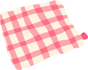 Cute pink gingham picnic cloth with strawberry and daisy flower detail in kawaii hand-drawn style