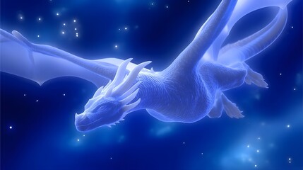Obraz premium A majestic glowing dragon gracefully flying through a captivating digital galaxy filled with ethereal, starry nebulae