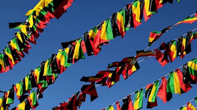 Colorful flags in black, red, green, and yellow hang against a clear blue sky, symbolizing celebration and unity for Juneteenth festivities.